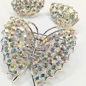 Vintage Rhinestone Butterfly Brooch And Earrings Set